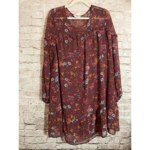 Time And Tru Peasant Dress Womens XXL Maroon Floral Ruffle Flowy Kaftan Romantic